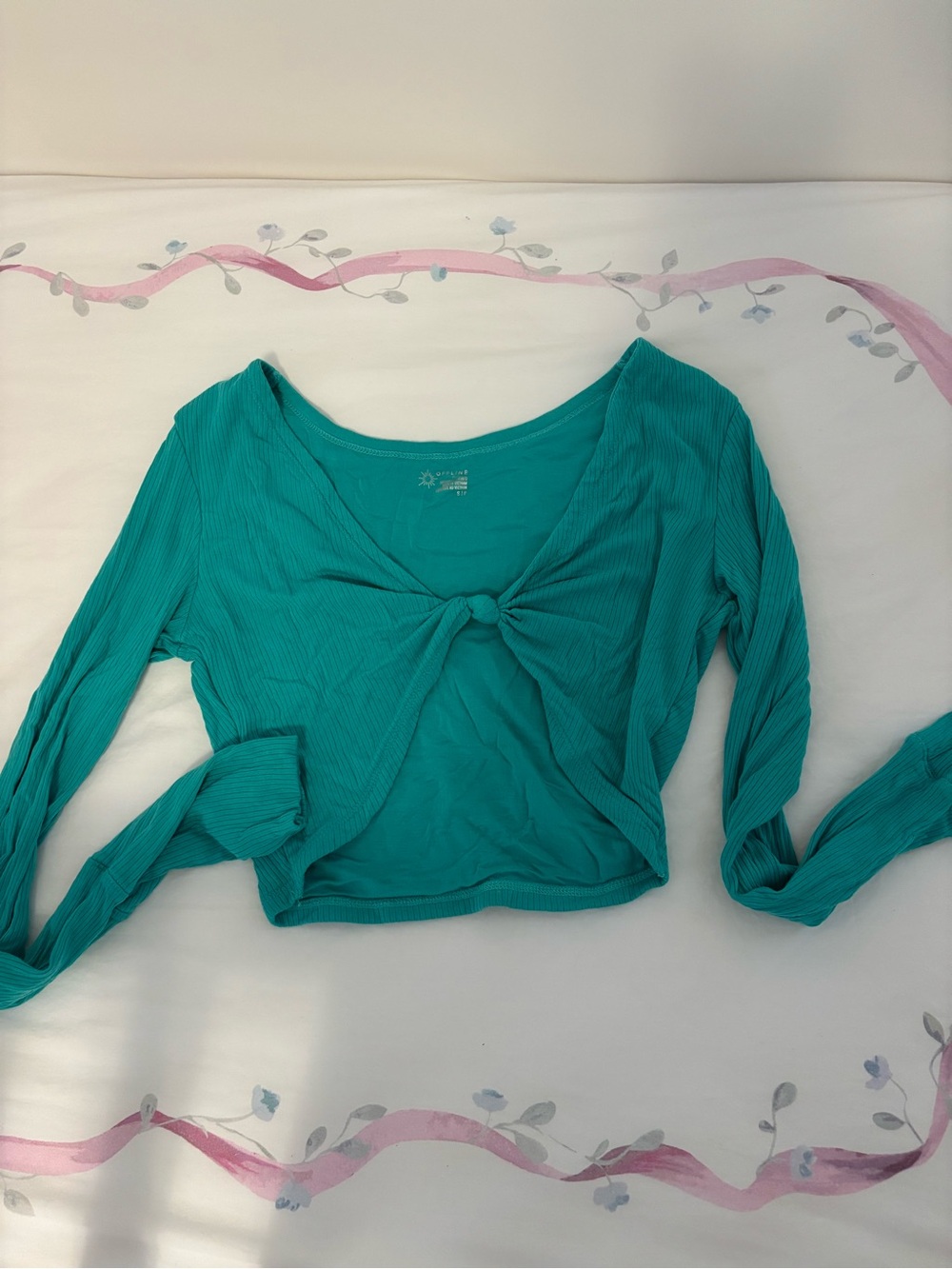 Aerie Teal Knot-Front Ribbed Long-Sleeve Crop Top